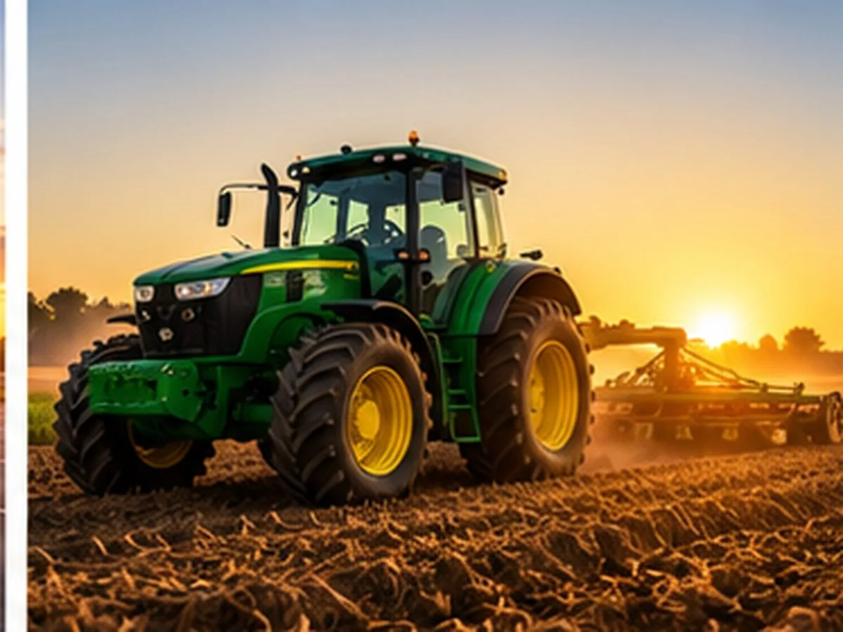 Consórcio Ademicon agro em Rio Brilhante MS | Consórcios Rio Brilhante Trator verde puxando grade sobre solo preparado ao nascer do sol, representando máquina agrícola comprada com consórcio