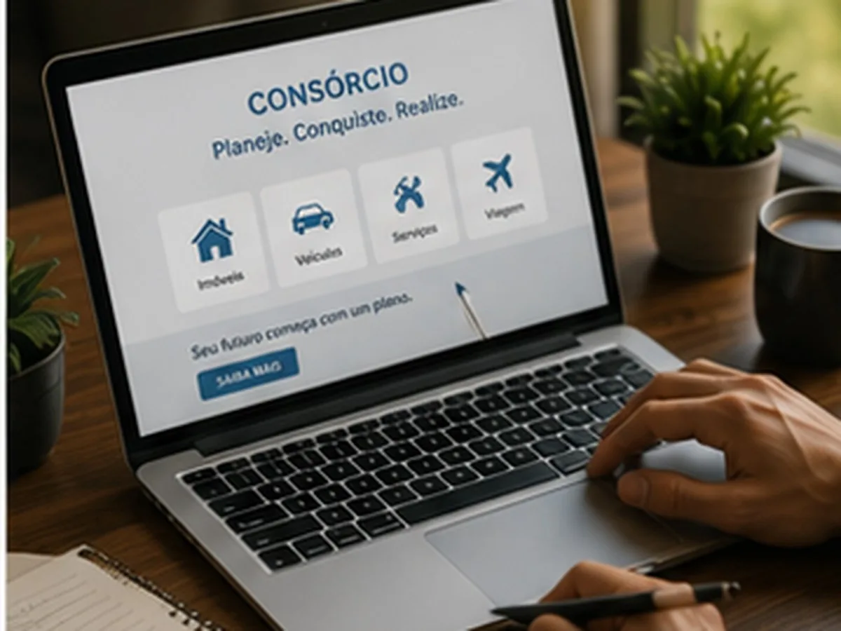 Tela de site de consórcio aberta num notebook sobre a mesa